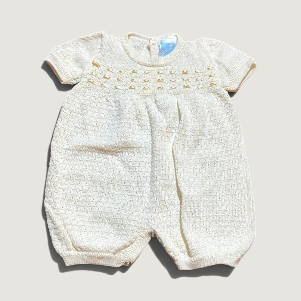 Vintage Will'Beth Ivory Knit Romper Gender Neutral Short Sleeve photos Newborn